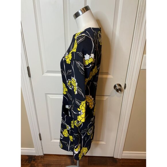 Boden Navy Blue, Cream & Yellow Floral 3/4 Sleeve Shift Dress, Size 6R - Picture 3 of 5